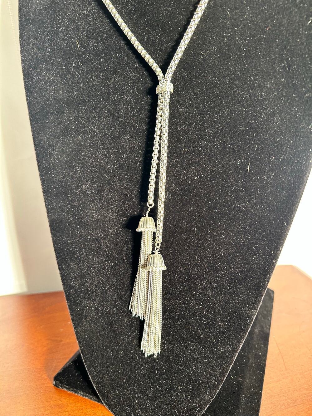 Silver Tone Layered Mesh Fringe Tassel Pendant Necklace Multi Chain Statement